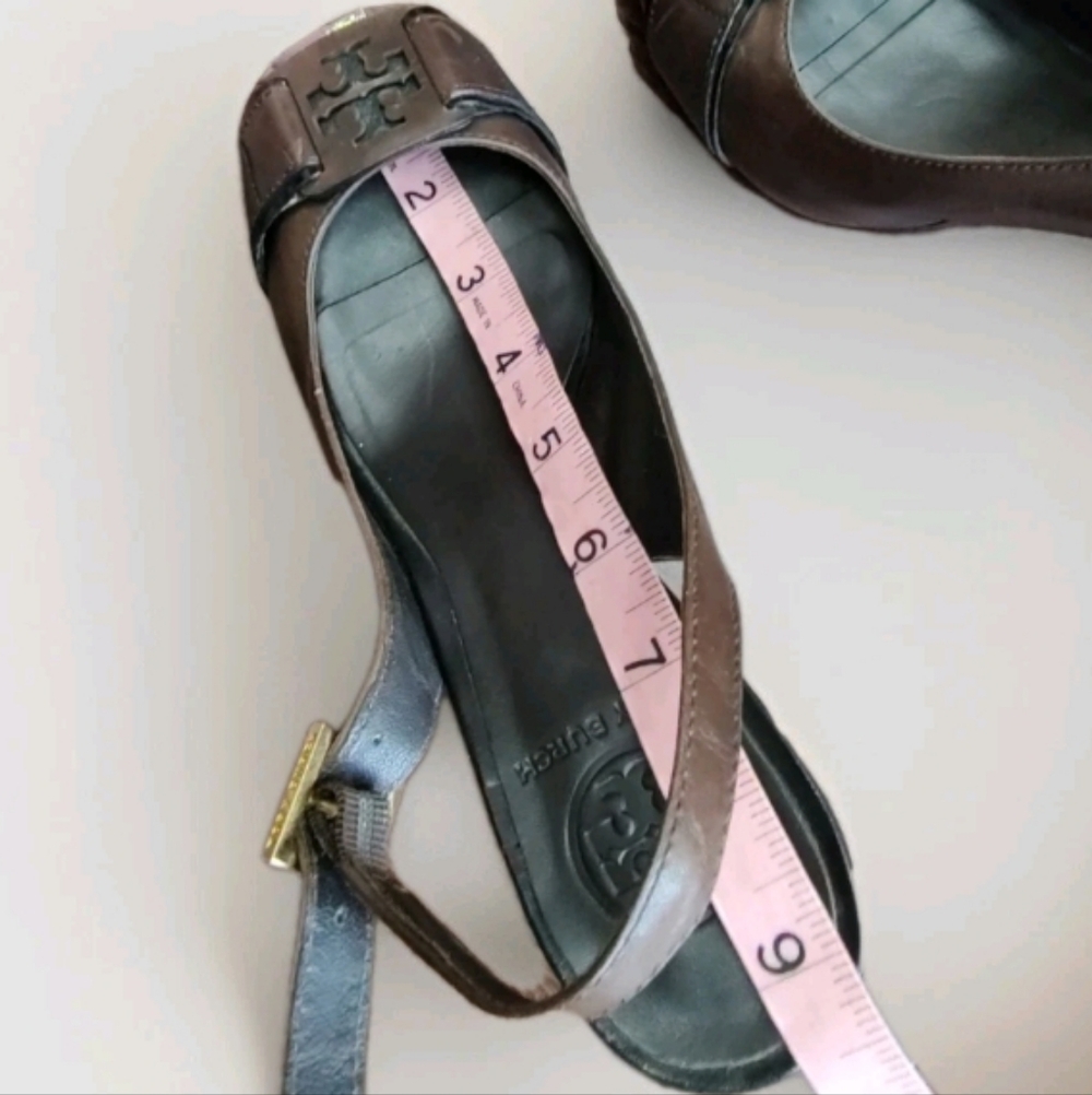 Tory Burch Womens 7M Peep Toe Slingback High Heels Tennyson Brown Leather Pump - Picture 5 of 12